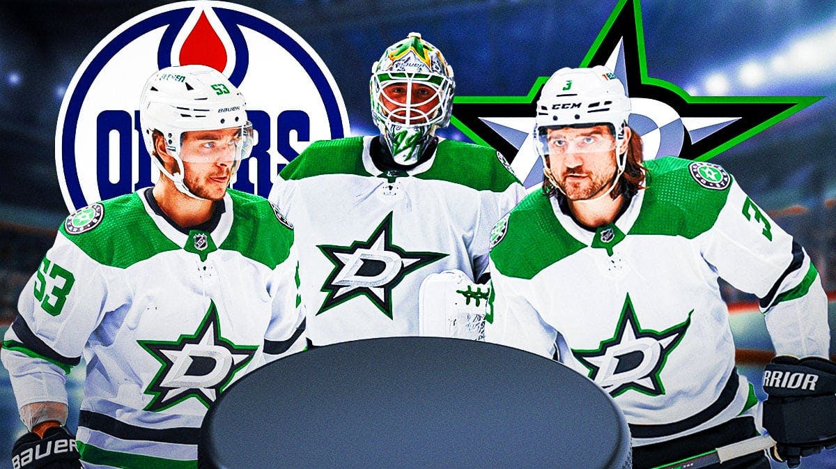 Wyatt Johnston, Chris Tanev and Jake Oettinger in image, Dallas Stars and Edmonton Oilers logos, hockey rink in background