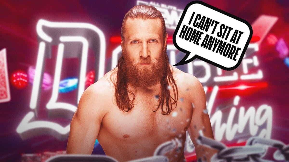 Bryan Danielson with a text bubble reading, "I can't sit at home anymore" with the AEW Double or Nothing logo as the background.