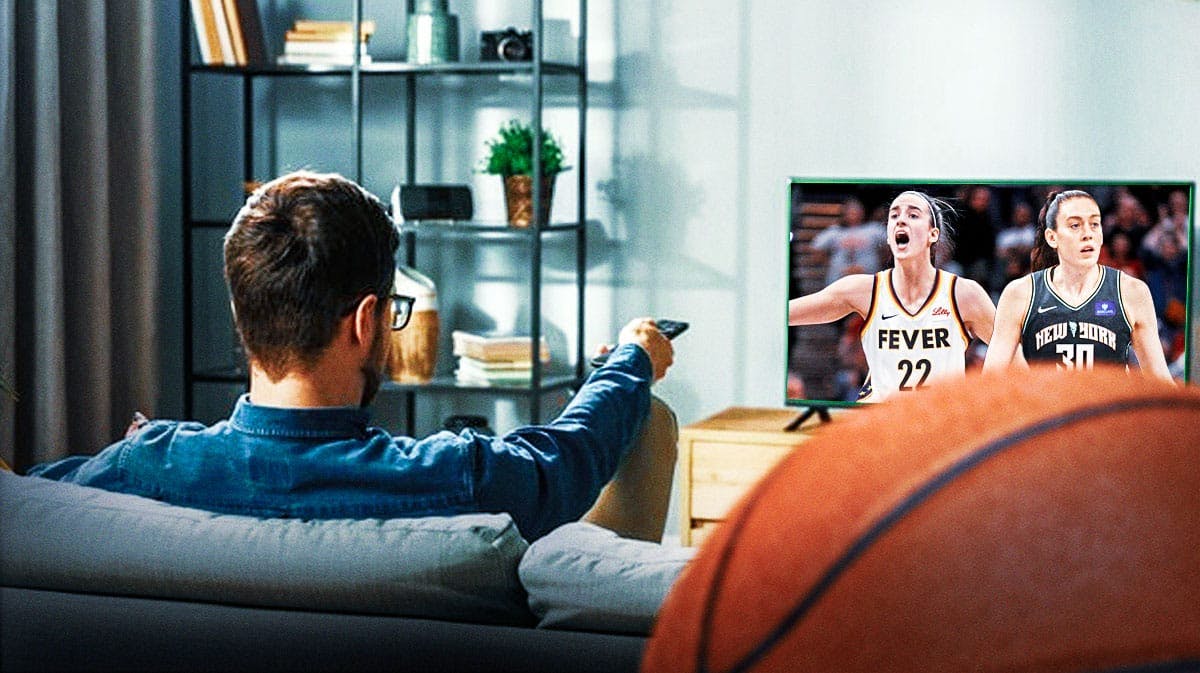 Indiana Fever player Caitlin Clark and New York Liberty player Breanna Stewart, inside of a television like someone is watching a basketball game between the two teams.