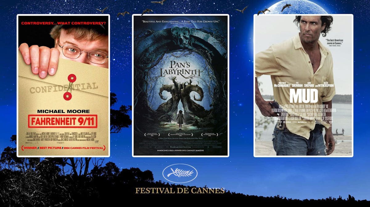 Posters of Fahrenheit 9/11, Pan's Labyrinth and Mud; Background: Cannes Film Festival logo