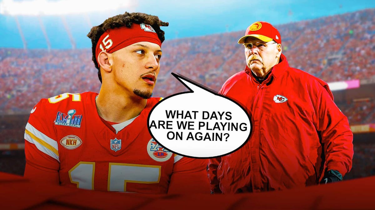 Patrick Mahomes for the Chiefs saying, "What days are we playing on again?" with Andy Reid.