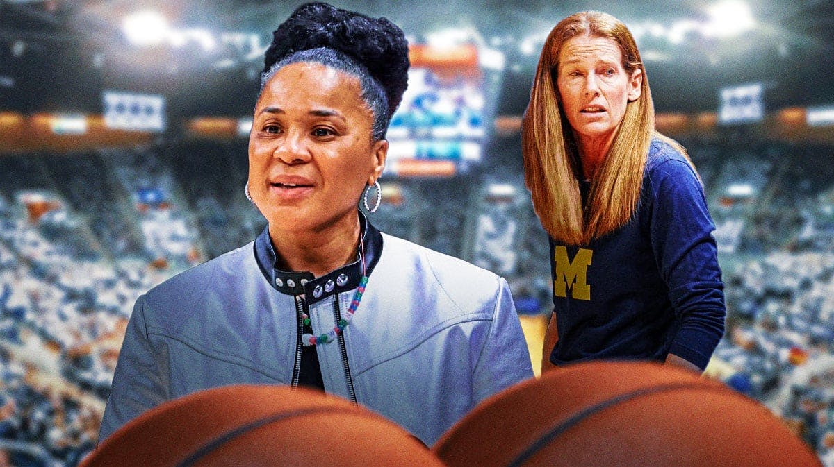 South Carolina women's basketball coach Dawn Staley and Michigan women's basketball coach Kim Barnes Arico, with the city of Las Vegas, Nevada in the background.