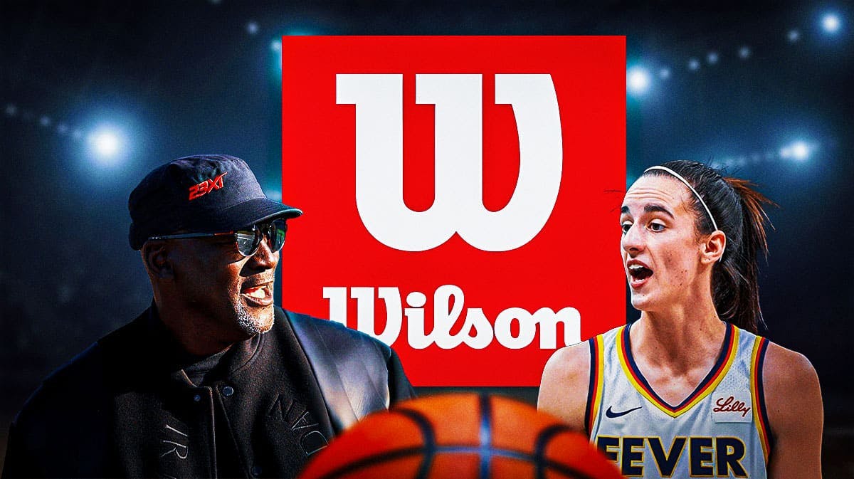 Indiana Fever player Caitlin Clark, with the Wilson logo, and Michael Jordan