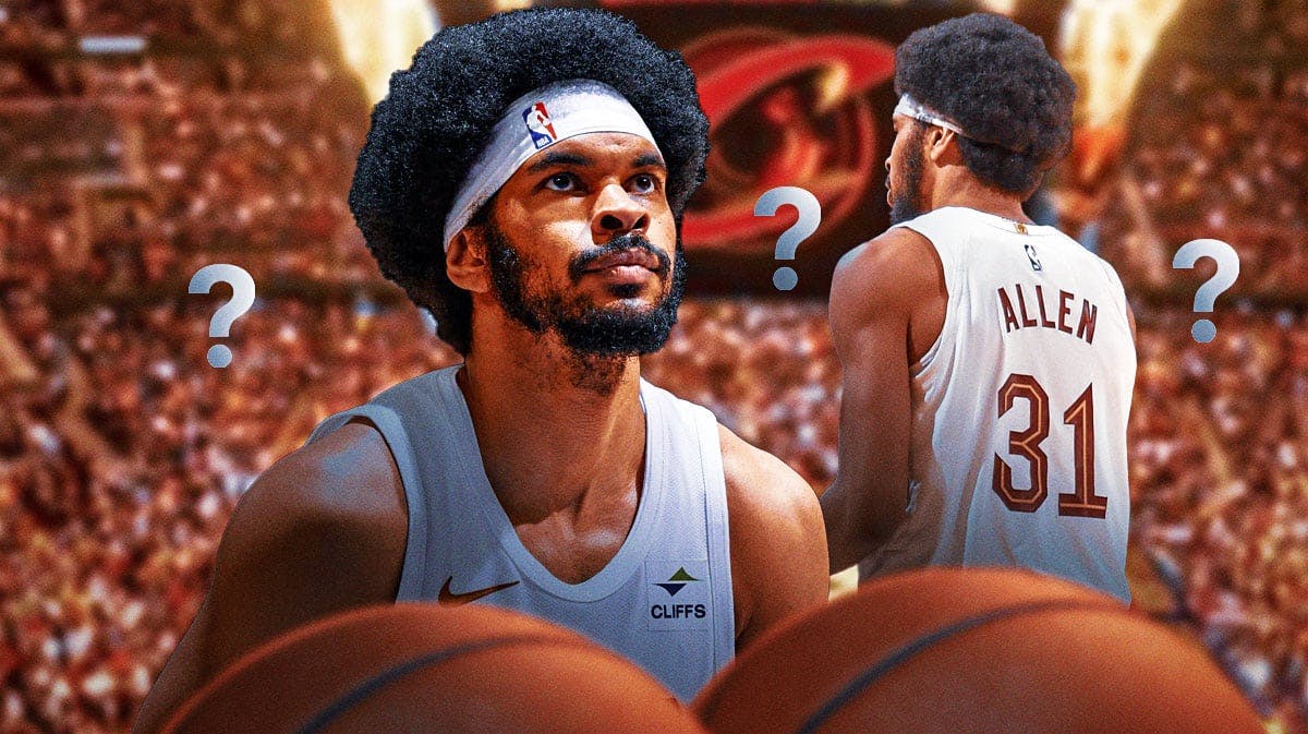 Jarrett Allen with question marks raining down around him and a Cavs-colored basketball court in the background.