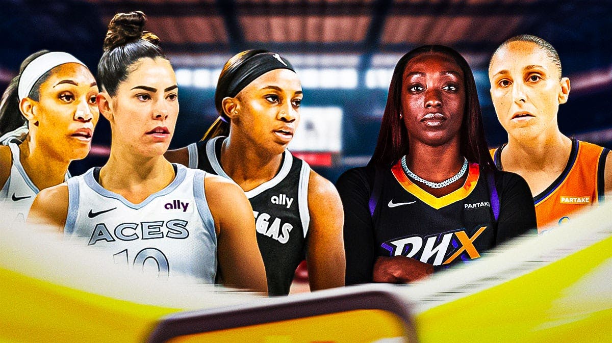 Aces Kelsey Plum, A'ja Wilson, Jackie Young next to Mercury's Kahleah Copper and Diana Taurasi.