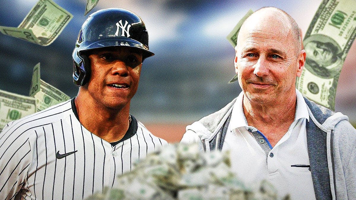 Juan Soto and Brian Cashman with money falling. Yankee Stadium in background