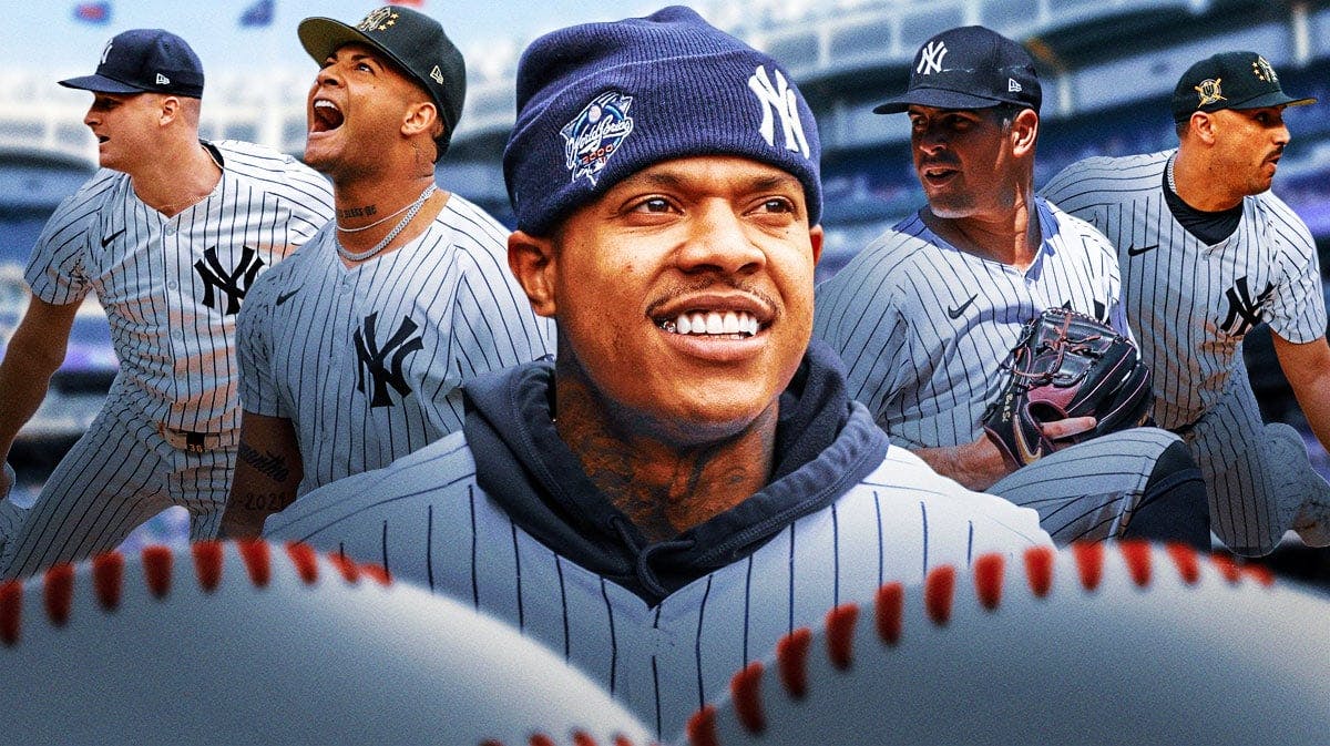 Photo: Marcus Stroman smiling, Luis Gil, Clarke Schmidt, Carlos Rodon, Nestor Cortes all in action behind him, all players in Yankees jerseys