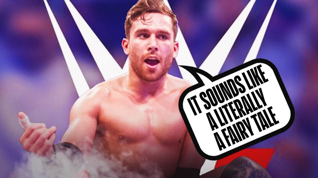 Noam Dar in from of the WWE logo with a text bubble reading, "It sounds like a literally a fairy tale"