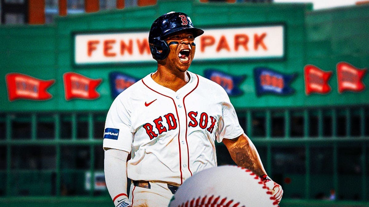 Rafael Devers with Fenway Park in background