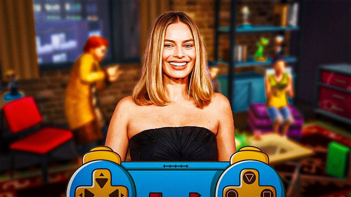 Margot Robbie and a scene from The Sims.