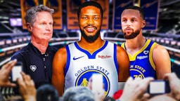 Malik Beasley in a Warriors jersey alongside Stephen Curry and Steve Kerr with the Warriors arena in the background, free agency