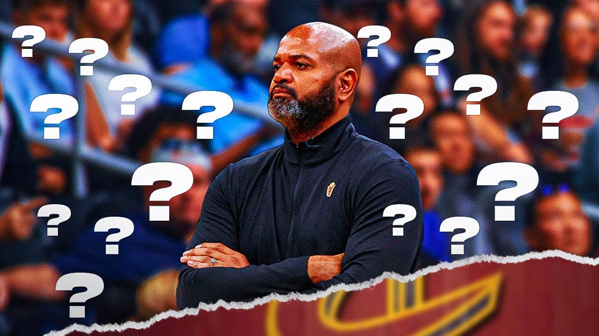 J.B. Bickerstaff surrounded by question marks with a Cavs-colored basketball court in the background.