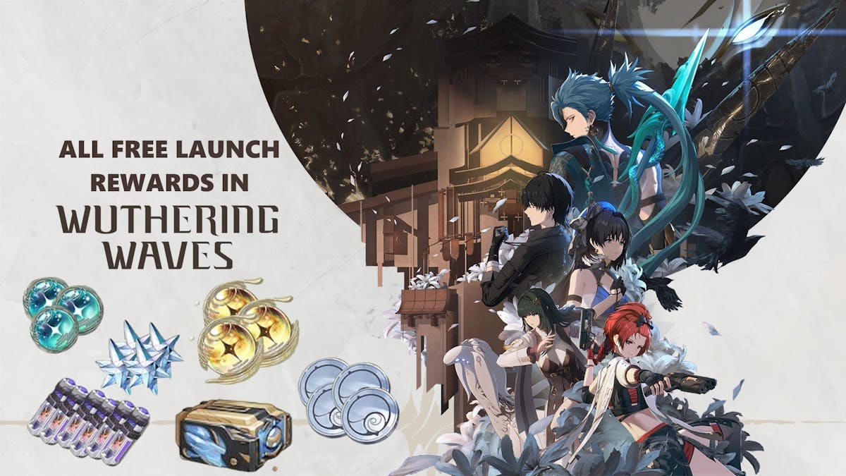 wuthering waves rewards, wuthering waves free rewrards, wuthering waves launch rewards, wuthering waves free, wuthering waves, key art for Wuthering waves with the words all free launch rewards above the game title as well as images of the rewards